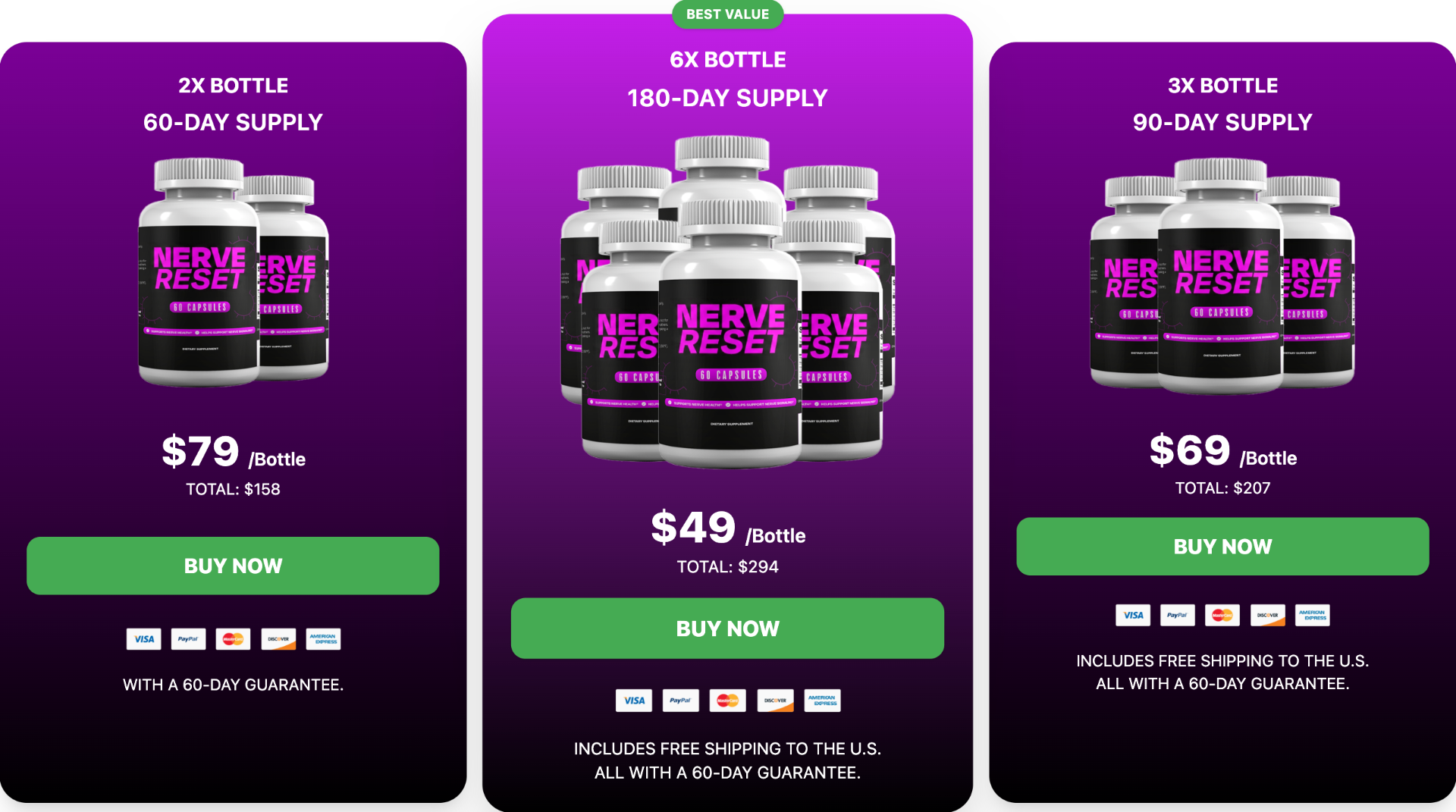 NerveReset pricing — 2, 3, and 6 bottle packages